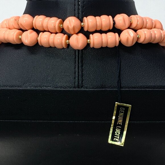 Vintage Genuine Lucite Double-Strand Necklace Coral Peach Beads Hong Kong 24"L - Picture 4 of 6